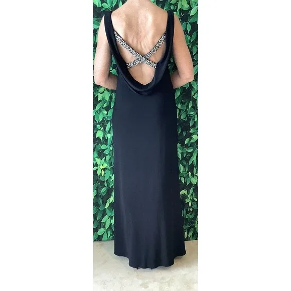 👗 Betsy & Adam Black Gown – Rhinestone Crisscross Waterfall Back– Size 8P - Picture 2 of 8